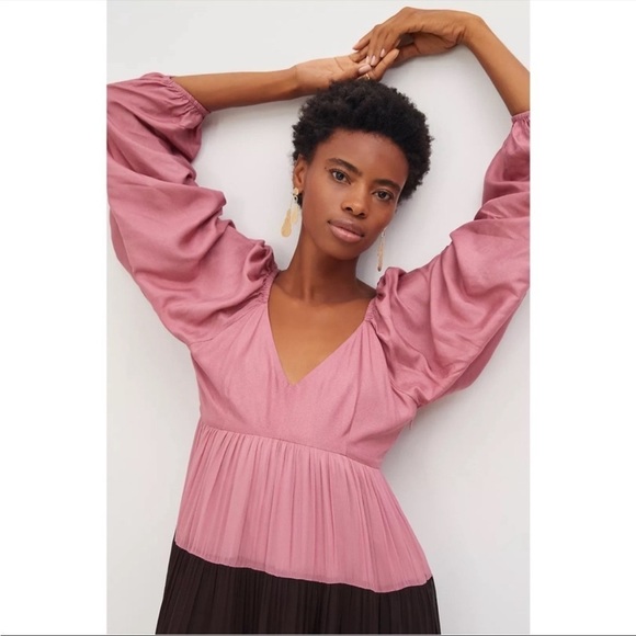 ANTHROPOLOGIE Colorblocked Maxi Dress Deep V-neck Puff Sleeved Nirmooha XS NWT - Picture 2 of 8